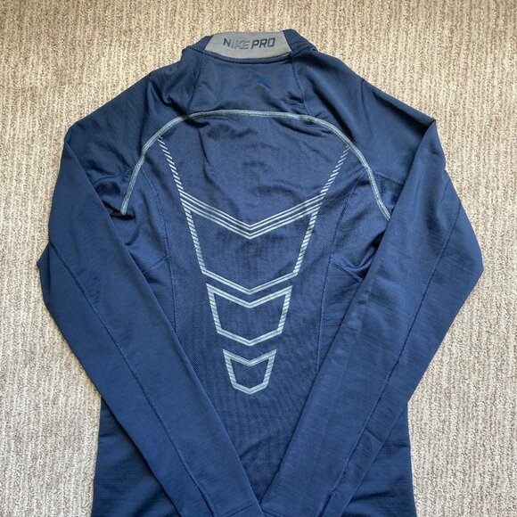 Men's Small Nike Pro Quarter Zip Fitted Long Sleeve Shirt Dri Fit Blue - Picture 2 of 3